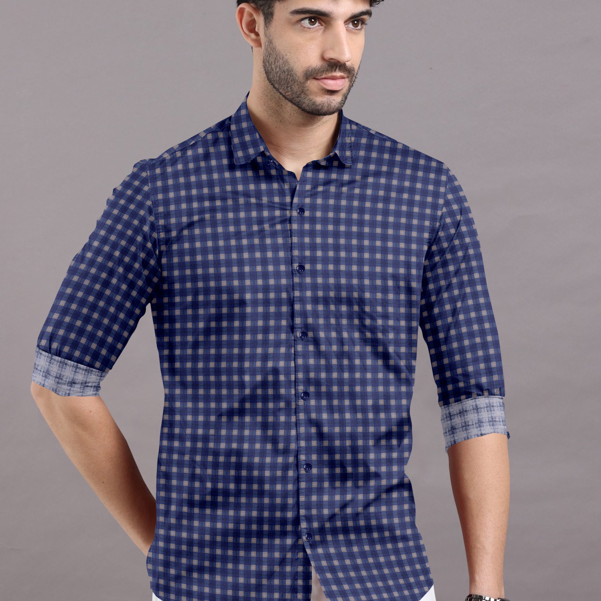 Light blue and white checkered shirt