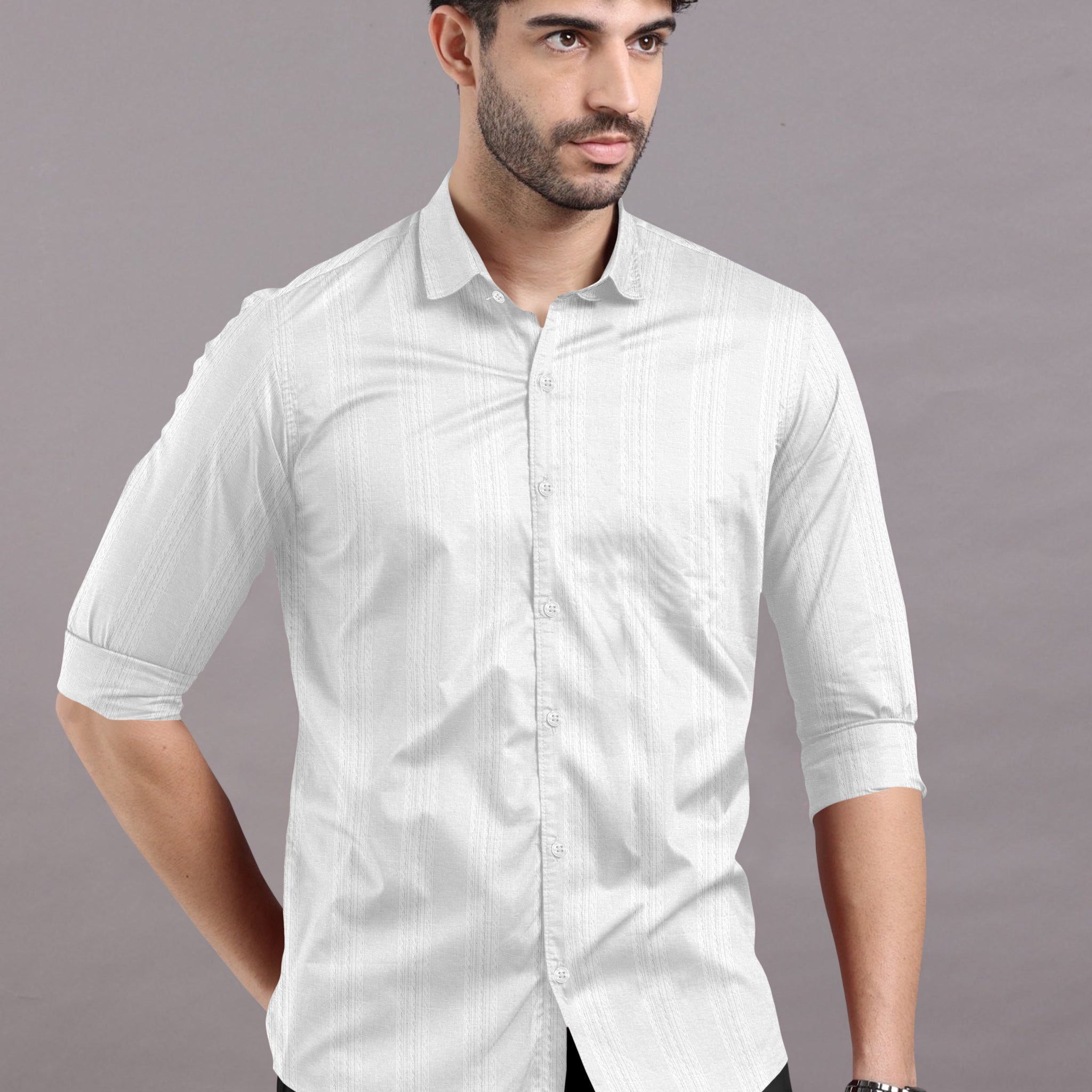 White collared shirt with a Striped