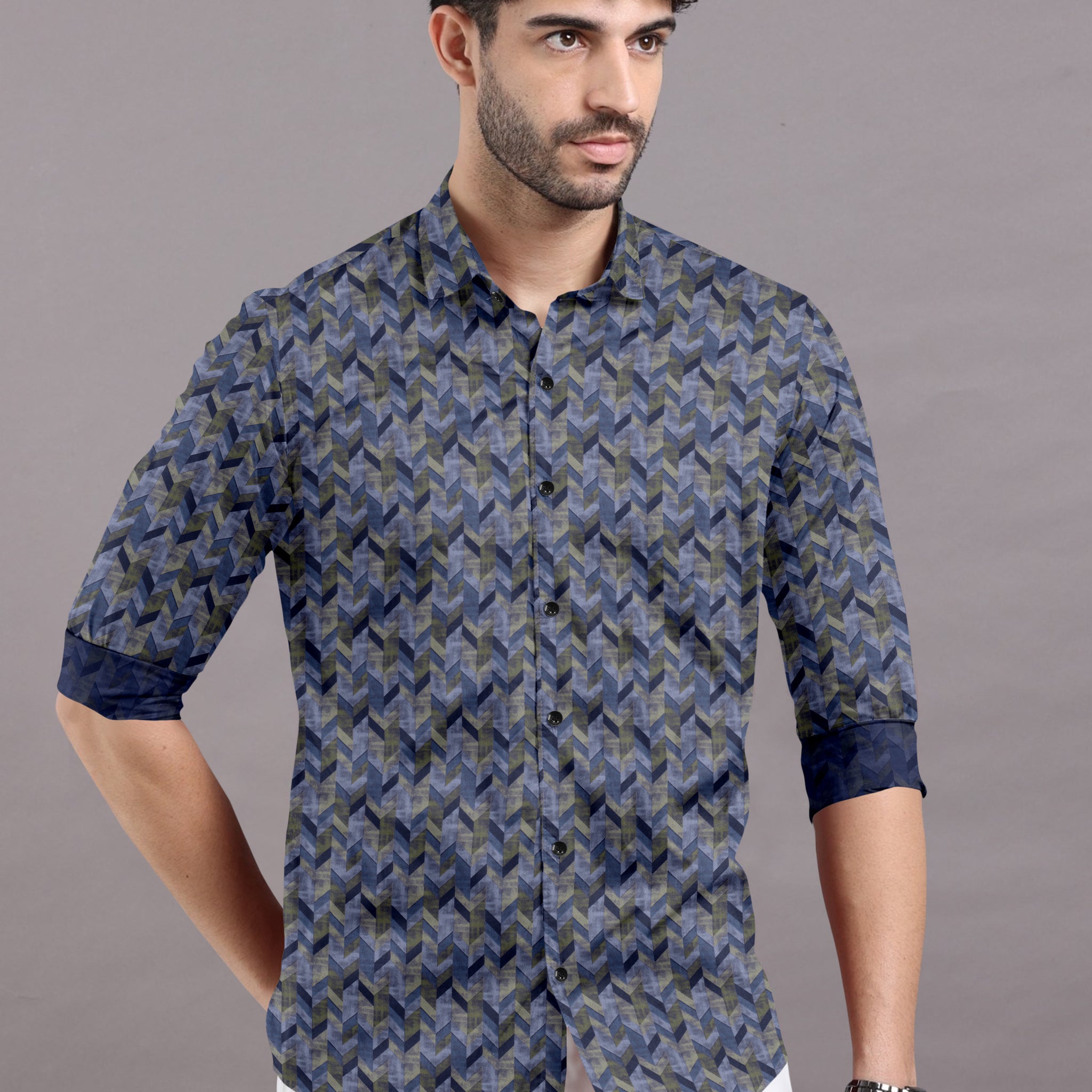 Blue shirt with a tessellating geometric pattern