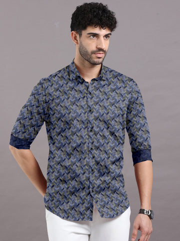 Blue shirt with a tessellating geometric pattern