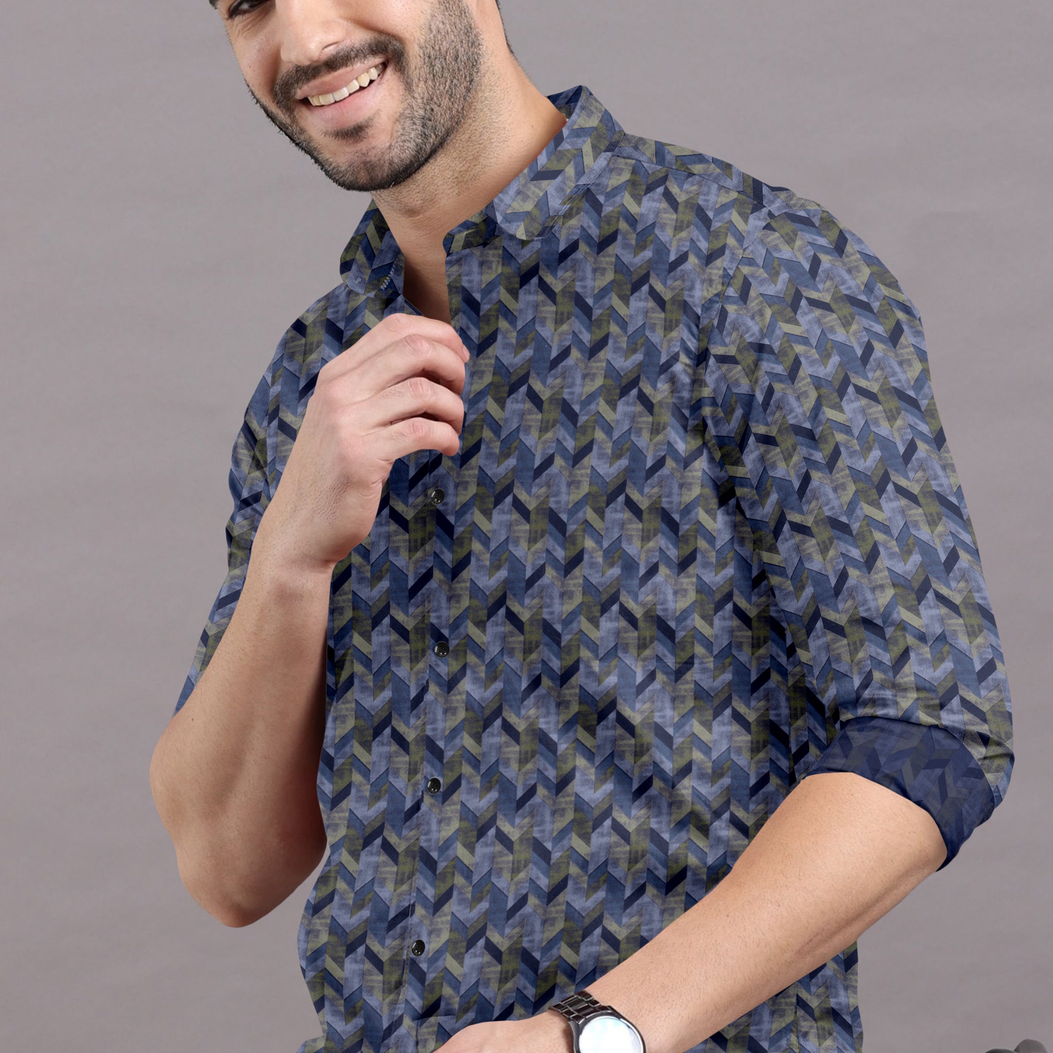 Blue shirt with a tessellating geometric pattern