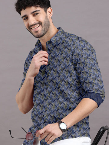 Blue shirt with a tessellating geometric pattern