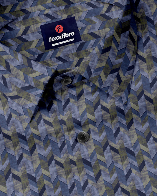 Blue shirt with a tessellating geometric pattern