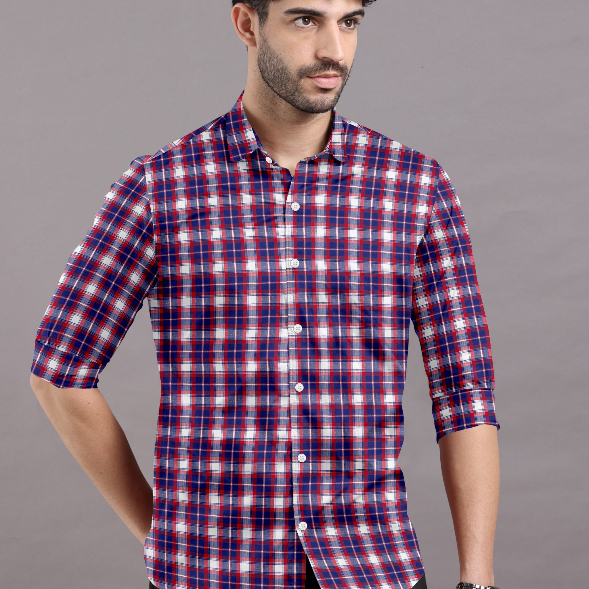 Red and navy blue plaid shirt