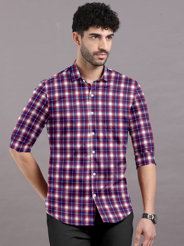 Red and navy blue plaid shirt