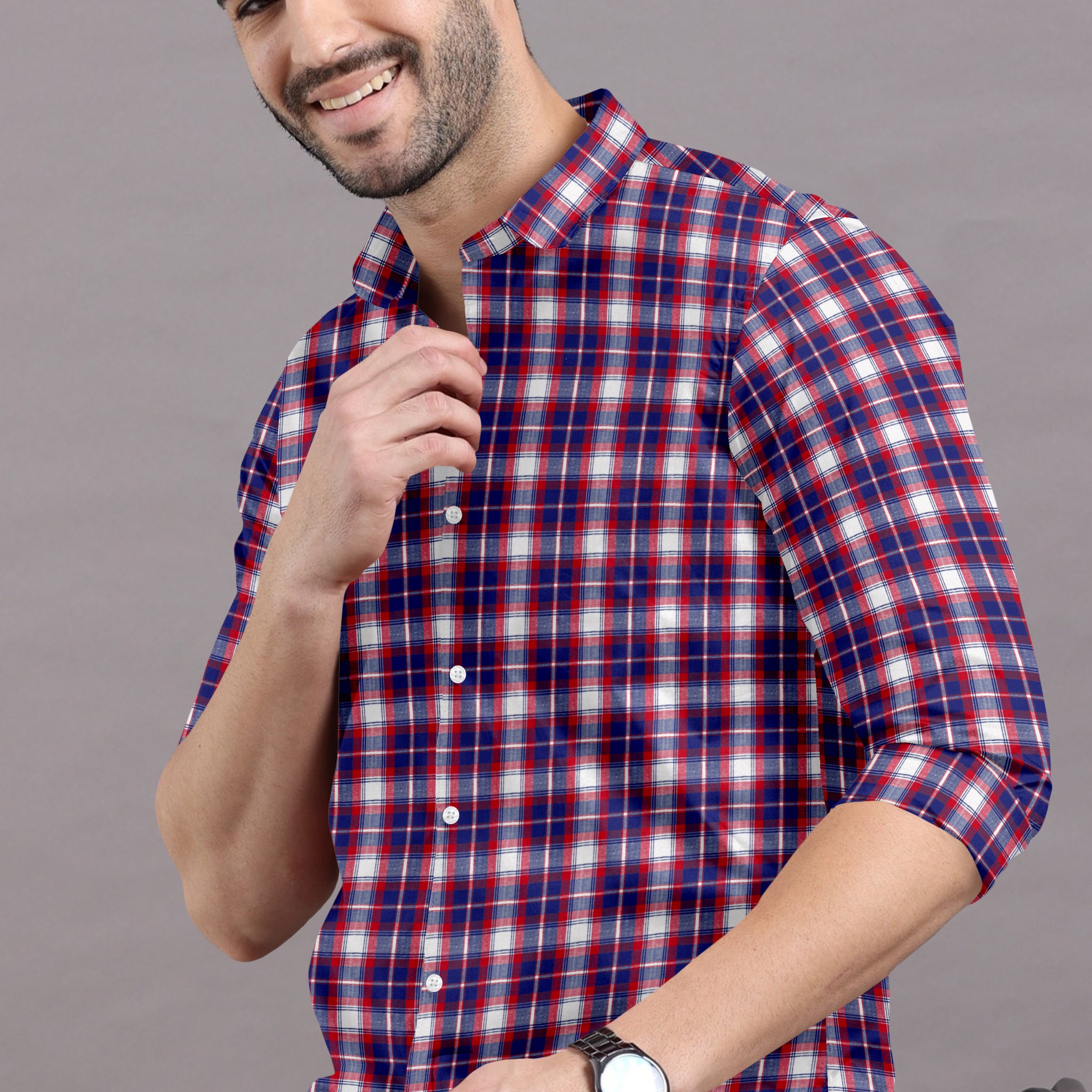 Red and navy blue plaid shirt