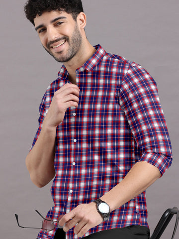 Red and navy blue plaid shirt