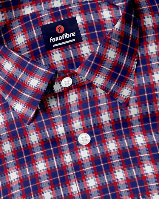 Red and navy blue plaid shirt