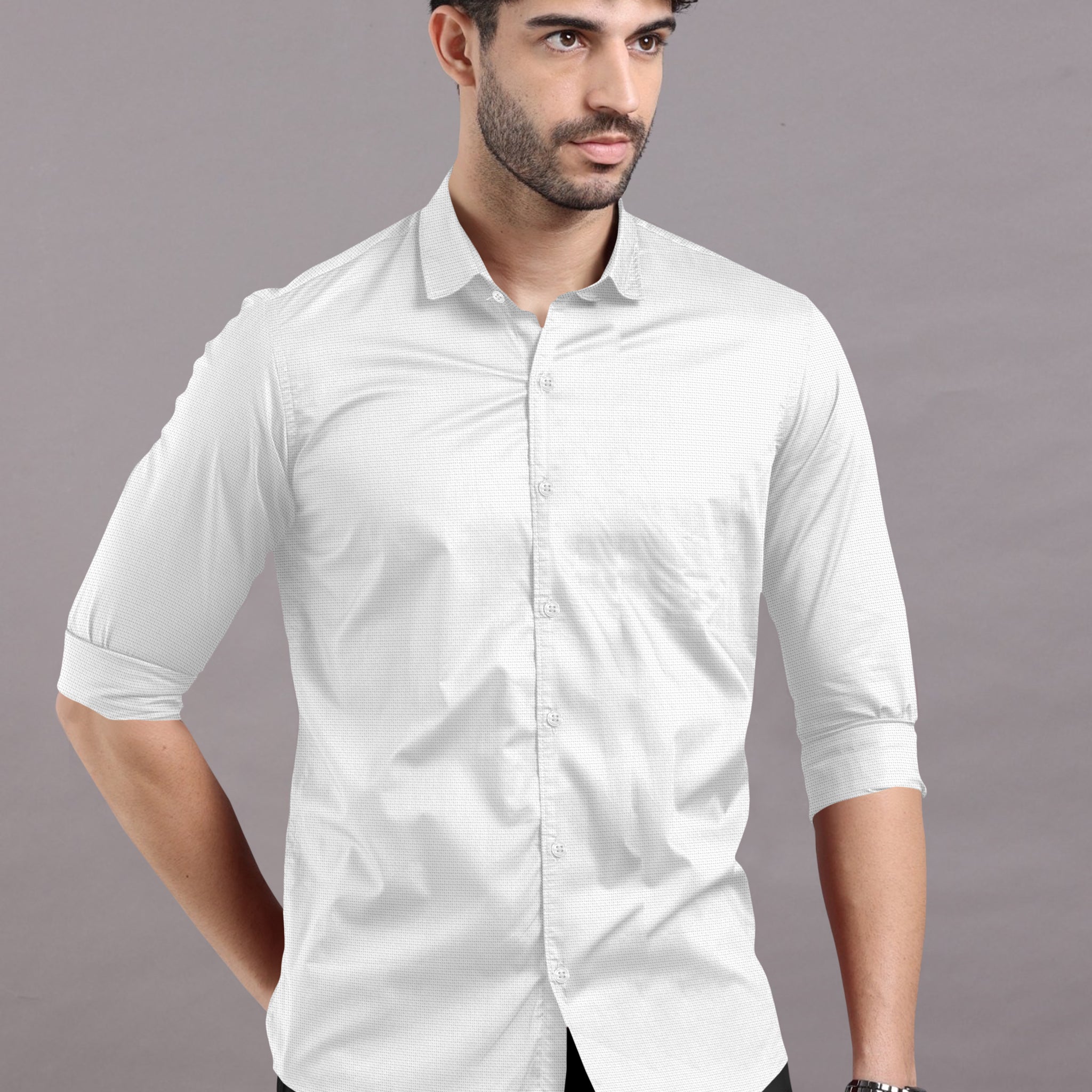 White collared shirt with a feather motif