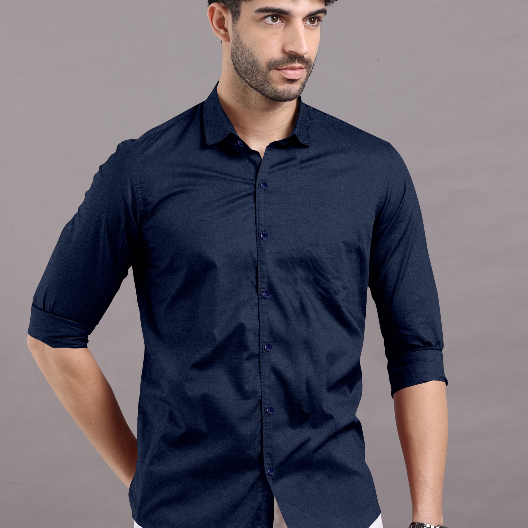 Navy Blue Solid Super Premium Cotton Shirt